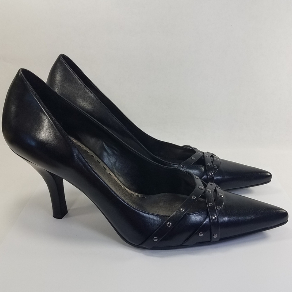 Gianni Bini Leather Pointed Toe Studded Strap Heel